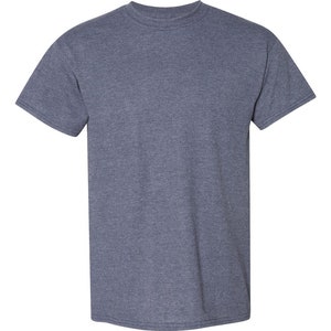 May include: A plain, short-sleeved t-shirt in a dark blue heather color.