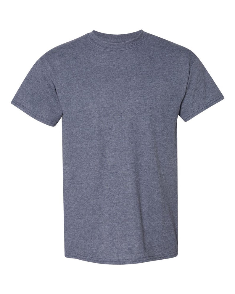 May include: A plain, short-sleeved t-shirt in a dark blue heather color.