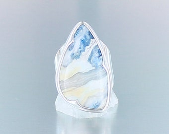 Blue Scheelite ring, size 54, 925 sterling silver, natural blue stone, quality jewelry, handmade, unique piece, for women.