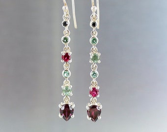 rhodolite garnet earrings, 925 silver jewelry, multi-stone earrings, natural gemstones, tourmalines, for her