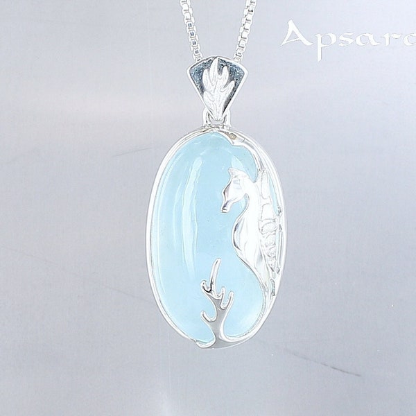 Aigue-marine pendentif, argent sterling 925, hippocampe, pierre bleue, pierre naturelle, pièce unique, fabriqué à la main, bijou de qualité