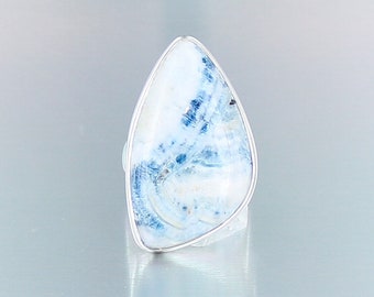 Blue Scheelite ring, size 58, 925 sterling silver, natural blue stone, quality jewelry, handmade, unique piece, for women.