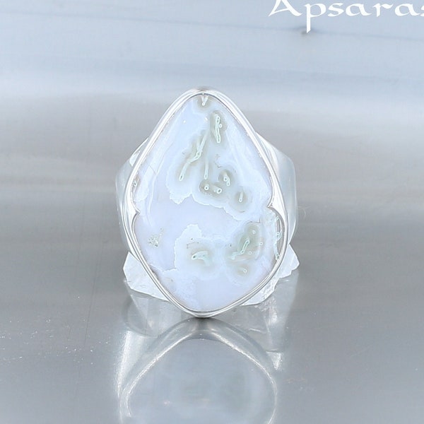 Bague Agate, argent 925, taille 60, Agate mousse, pierre naturelle, fabrication artisanale, bijou de qualité, pièce unique,