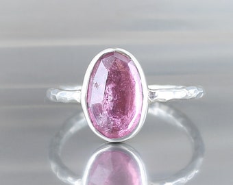 Tourmaline ring, size 6.75, sterling silver 925, natural pink stone, one of a kind, handmade, quality made jewelry, band ring, for women.