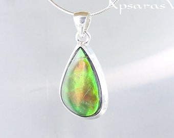 Ammolite pendant, sterling silver 925, natural stone, green stone pendant, handmade, one of a kind,quality made jewelry,ammolite men pendant