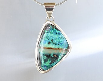 Opal-Anhänger, 925er Sterlingsilber, 9 Karat Gold, Diamanten, Naturstein, Einzelstück, handgefertigt, Qualitätsschmuck, für Frauen