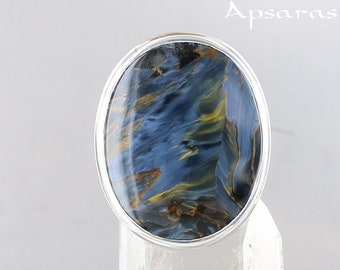 pietersite ring, size 6,75, sterling silver, natural stone, blue stone, quality stone, handmade, one of kind ring, quality made, large ring