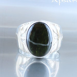 Moldavite ring, size 67, 925 silver, 9k gold, men&#39;s ring, phoenix ring, natural stone, signet ring, handcrafted,