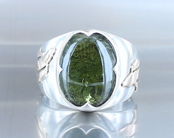 Moldavite ring, size 66, 925 silver, 9k gold, men's ring, koi carp ring, natural stone, signet ring, handcrafted,