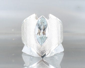 Topaz ring, size 9.25, sterling silver 925, natural white bluish stone, one of a kind, handmade, quality made jewelry, elven ring for women.
