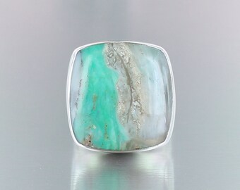 Blue opal ring, size 60.5, 925 sterling silver, green and gray stone, natural stone, handmade, unique piece, quality jewelry