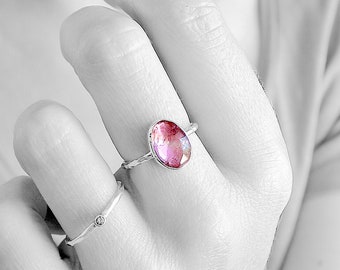 Tourmaline ring, size 7.75, sterling silver 925, natural pink stone, one of a kind, handmade, quality made jewelry, band ring, for women.