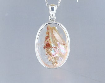 Quartz with inclusions pendant, sterling silver, natural orange stone, rare stone, quality jewelry, handcrafted, for women