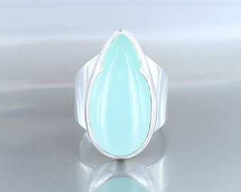 Chrysoprase ring, size 58, 925 sterling silver, bluish green natural stone, unique piece, handmade, quality jewelry, for women