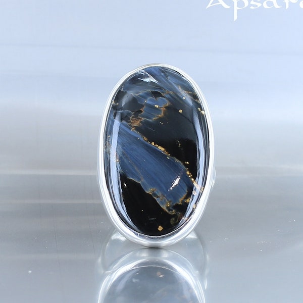 Pietersite bague, taille 60, argent sterling 925, pierre naturelle bleue noire, pièce unique, fait main, bijou de qualité, pour femme.