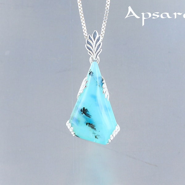 Opale bleue pendentif, argent sterling 925, pierre bleue naturelle, fait main, unique, bijou de qualité, pierre gemme rare, pour femme