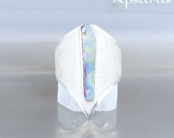 Opal ring, size 8.5, sterling silver 925, natural stone, green blue red stone, handmade, one of kind, quality made jewelry, elven ring.