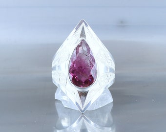 Tourmaline ring, size 59, 925 silver, natural stone, pink stone, unique piece, handmade, large celestial ring for women