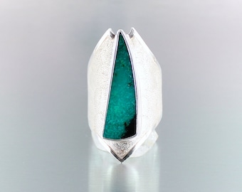 Blue opal wood ring, size 59, 925 silver, natural stone, fossil wood, green blue stone, quality jewel, unique handmade piece