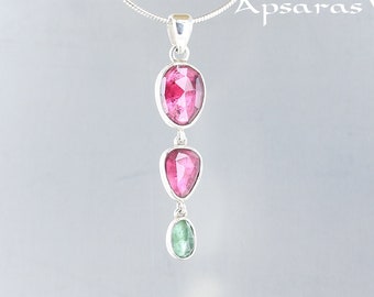 Tourmalines pendant, sterling silver 925, natural green and pink stone, one of a kind, handmade, quality made jewelry, multi stone,for woman