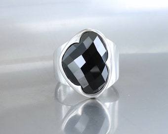 Black spinel ring, size 56.5, 925 silver, natural stone, black stone, unique piece, handmade, quality jewelry, for women