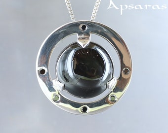 Black star and black diamonds pendant, 925 silver, black stone pendant, natural stone, star diopside, designer jewelry, handmade.