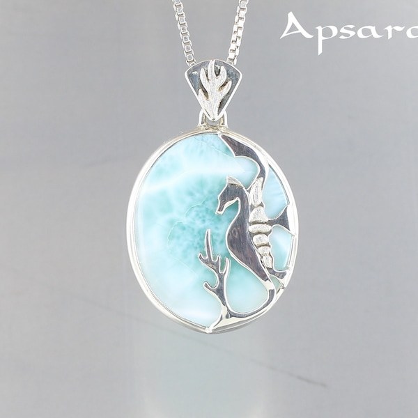 Larimar pendentif, argent sterling 925, pendentif hippocampe, pierre naturelle, pierre bleue, bijou larimar, fabriqué main, pièce unique,