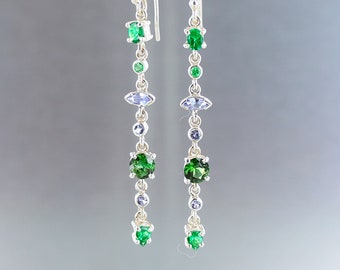 Tourmalines dangling earrings, 925 sterling silver, green and blue stones, semi-precious natural stones, multi-colored.