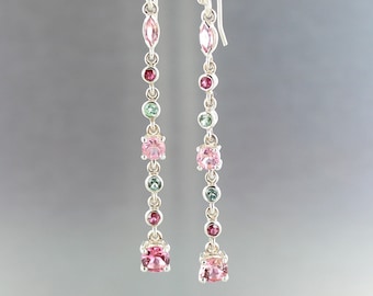 Tourmalines dangling earrings, 925 sterling silver, pink and green stones, semi-precious natural stones, multi-colored.