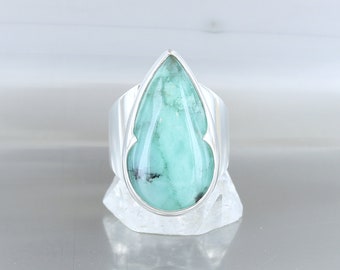 Aquaprase ring, size 56, 925 sterling silver, rock, celestial, natural green stone, quality jewelry, unique ring, handmade.