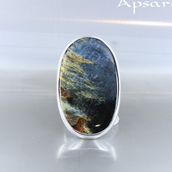 Pietersite grande bague, taille 58, argent 925, pierre bleutée noire, naturelle, pièce unique, fait main, bijou de qualité, pour femme.