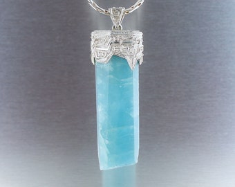 Aquamarine crystal pendant, 925 sterling silver, blue natural stone, for men, unique piece, handmade, quality jewelry