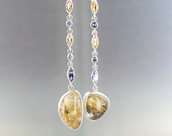 Rutile Quartz dangling earrings, sterling silver, semi-precious natural stones, citrines, tanzanites, handmade, exclusive.