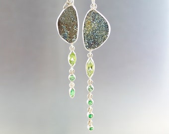 Rainbow pyrite dangle earrings, 925 sterling silver, green stones, natural semi-precious stones, multi-colored.