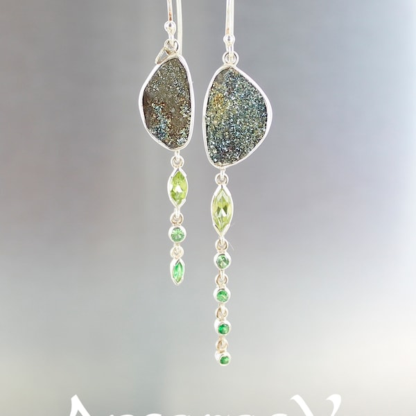 Pyrite arc en ciel boucles d'oreilles pendantes, argent sterling 925, pierres vertes, pierres naturelles semi-précieuses, multicolores.