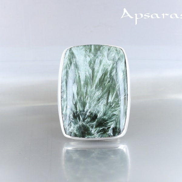 Séraphinite, grande bague, taille 56, argent 925, pierre verte naturelle, pièce unique, fabriqué à la main, bijou de qualité, pour femme.