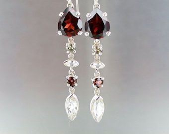 Garnets dangling earrings, 925 sterling silver, red and white stones, natural gemstones, multi-colored.