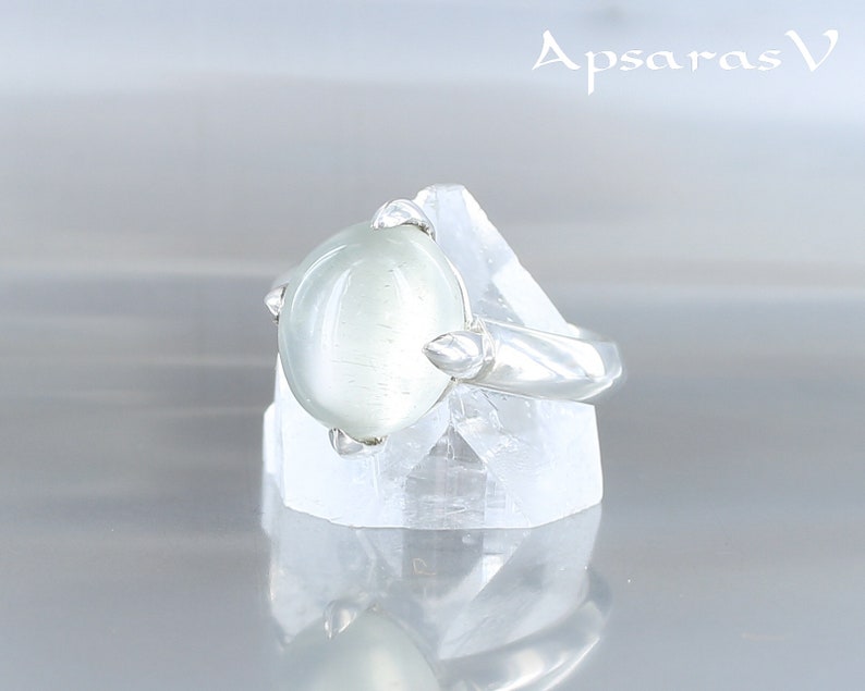 sterling silver grey beige natural stone with lunar reflection size 6.75 Moonstone ring one of a kind handmade quality made jewelry.