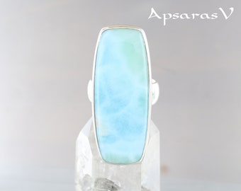 Larimar big ring, Size 7.75, sterling silver 925, natural stone, blue stone, one of a kind, handmade, quality made jewelry, women ring