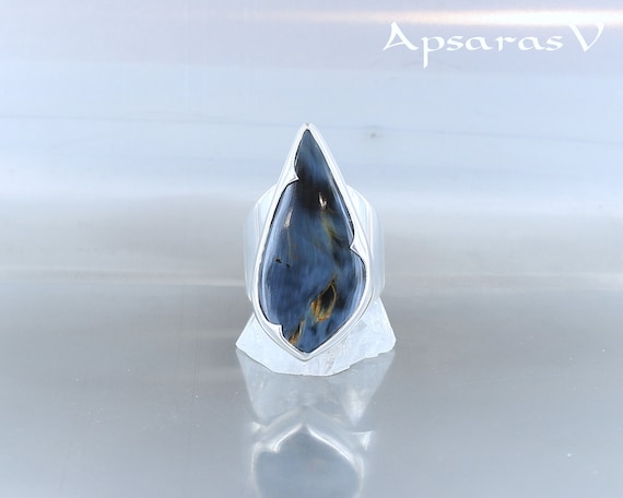 Pietersite bague, taille 53, argent sterling 925, pierre naturelle bleue noire, pièce unique, fait main, bijou de qualité, pour femme.