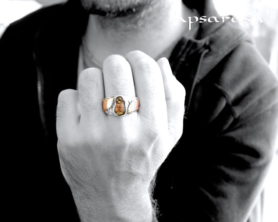 Agate de feu bague homme taille 72 argent sterling 925 or 9k tete iguane bague unique fabrique a la main pierre orange chevaliere Etsy France
