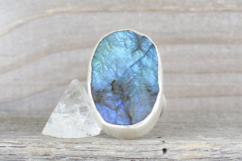 Big Raw labradorite Silver Ring Raw Stone Band Ring Rough labradorite ring ApsarasV Sterling Silver Big labradorite ring Size 8.25