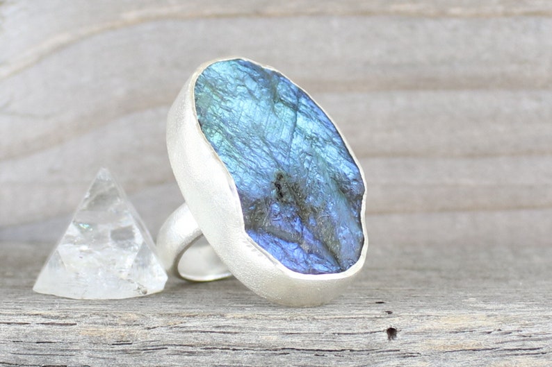 Big Raw labradorite Silver Ring Raw Stone Band Ring Rough labradorite ring ApsarasV Sterling Silver Big labradorite ring Size 8.25