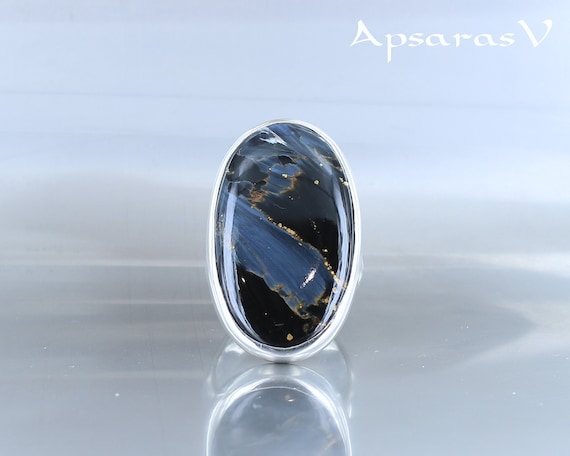 Pietersite bague, taille 60, argent sterling 925, pierre naturelle bleue noire, pièce unique, fait main, bijou de qualité, pour femme.
