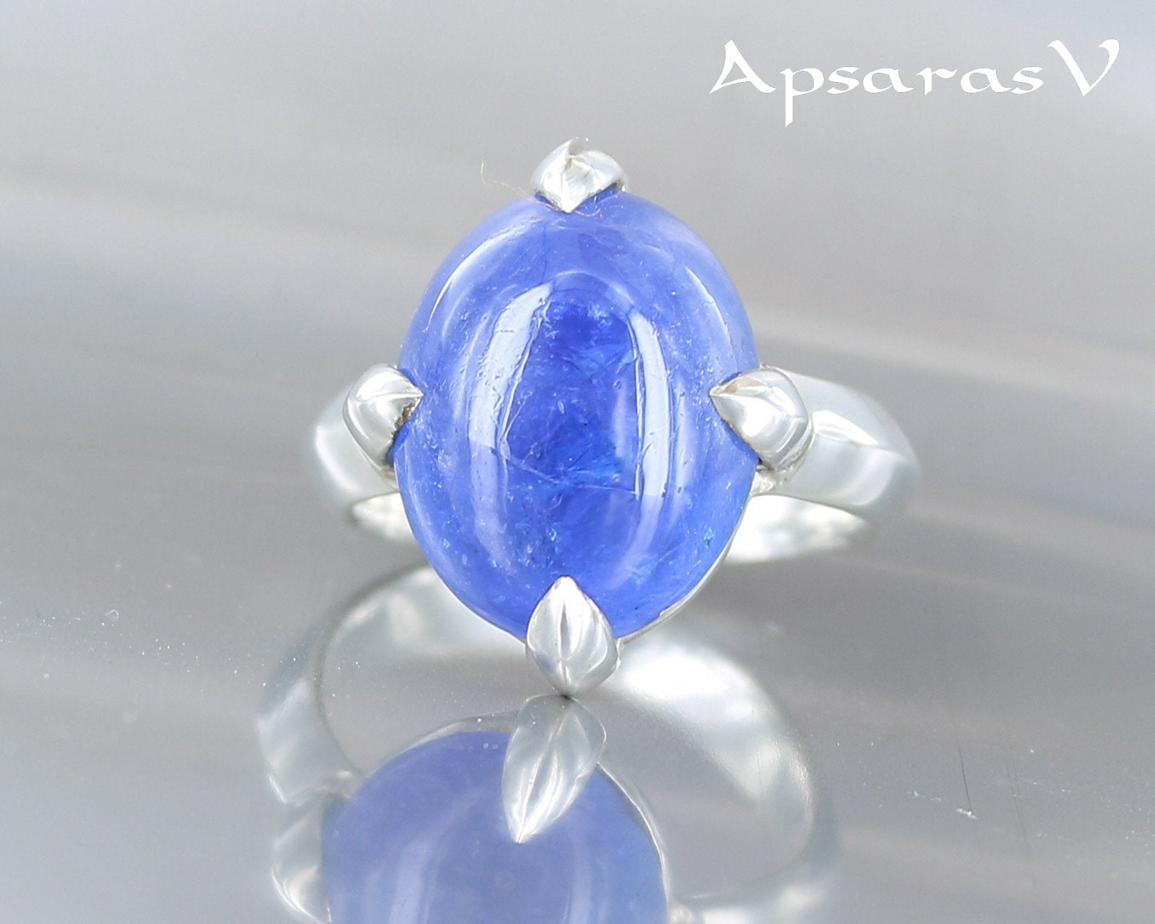 Bague Tanzanite Argent 925 – Pierre Naturelle En Cabochon Goutte, Taille 52, Neuve Avec étiquettes