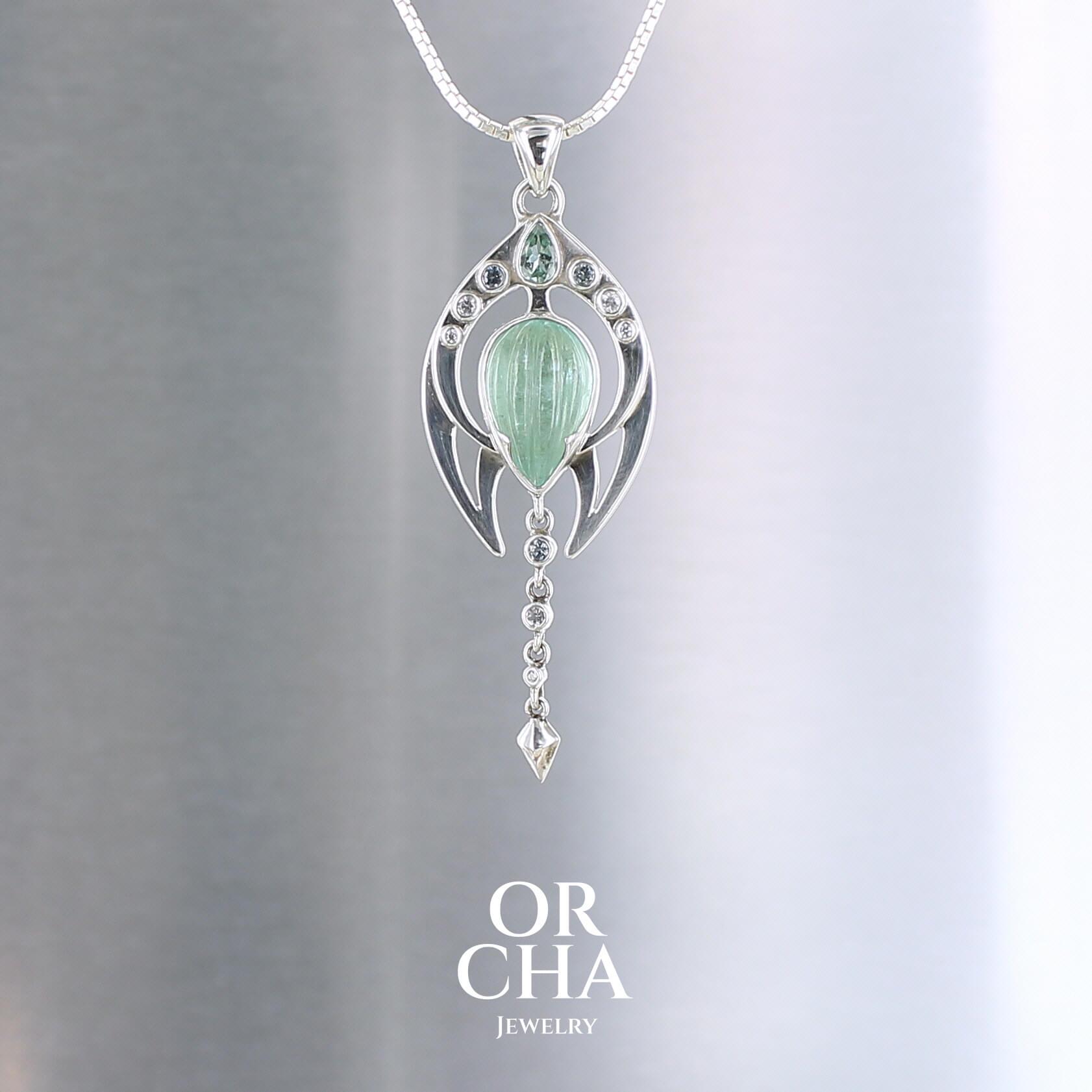 Sterling silver pendant with carved aquamarine, tourmaline and goshenite – unique luxury designer jewelry by ORCHA