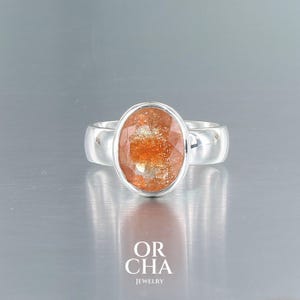 Sunstone ring, size 8.5, sterling silver 925, natural stone, orange stone, one of a kind, quality made jewelry, handmade, stone band ring