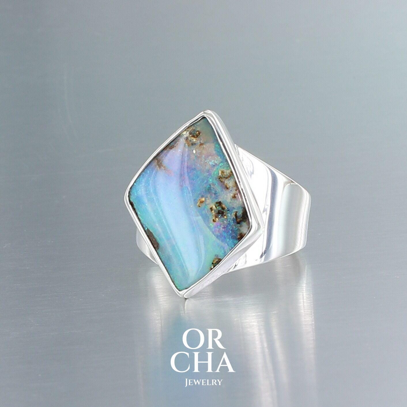 ボルダーオパールリング、サイズ56、925スターリングシルバー - 虹色の