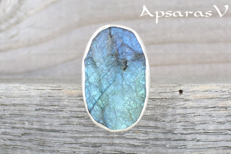 Big Raw labradorite Silver Ring Raw Stone Band Ring Rough labradorite ring ApsarasV Sterling Silver Big labradorite ring Size 8.25