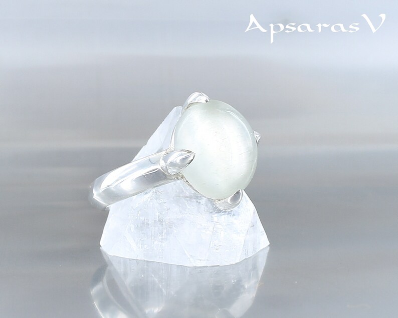 sterling silver grey beige natural stone with lunar reflection size 6.75 Moonstone ring one of a kind handmade quality made jewelry.